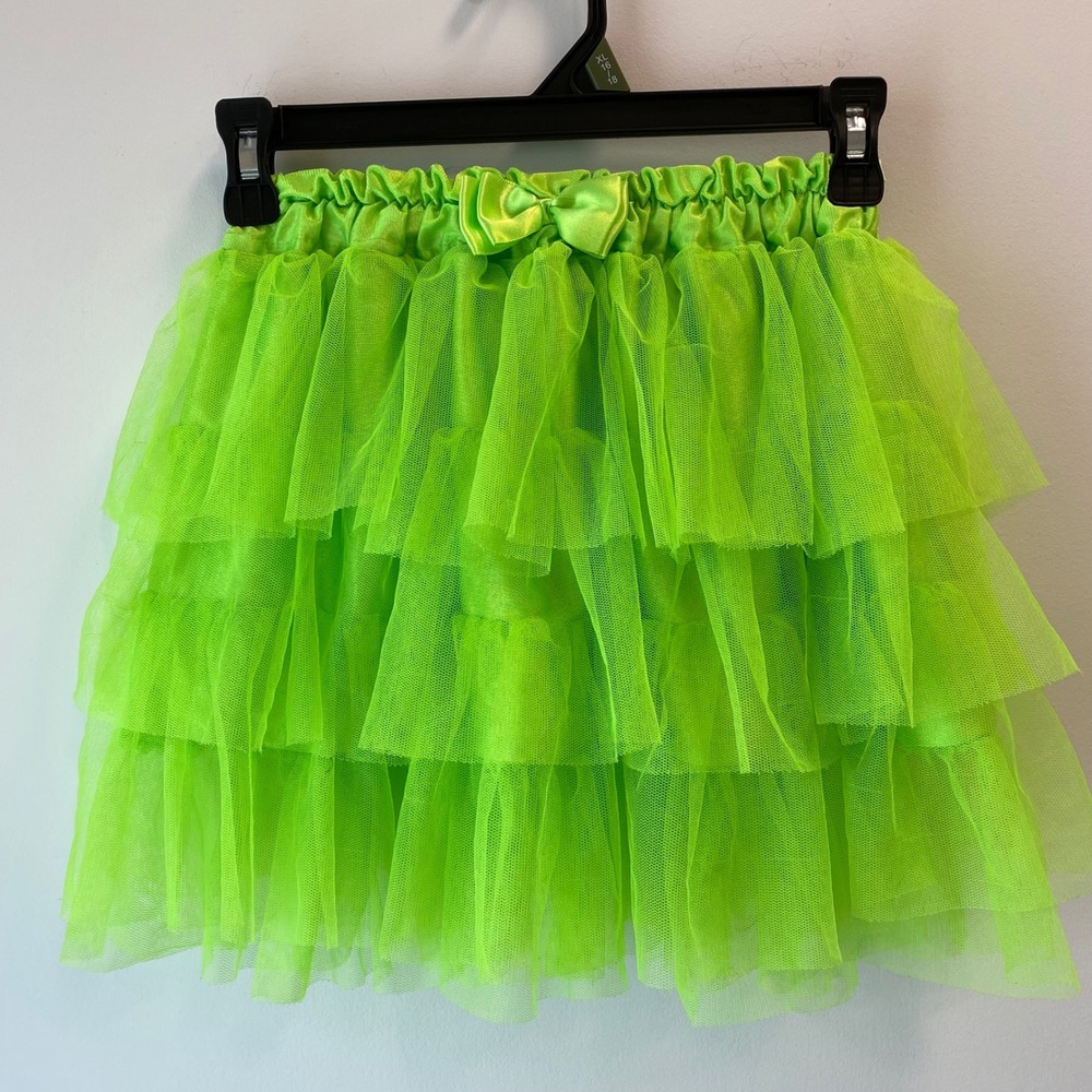 Hot Topic Skirt Womens OS Neon Green Tulle Tiered Tutu Rave Costume Bow Accent